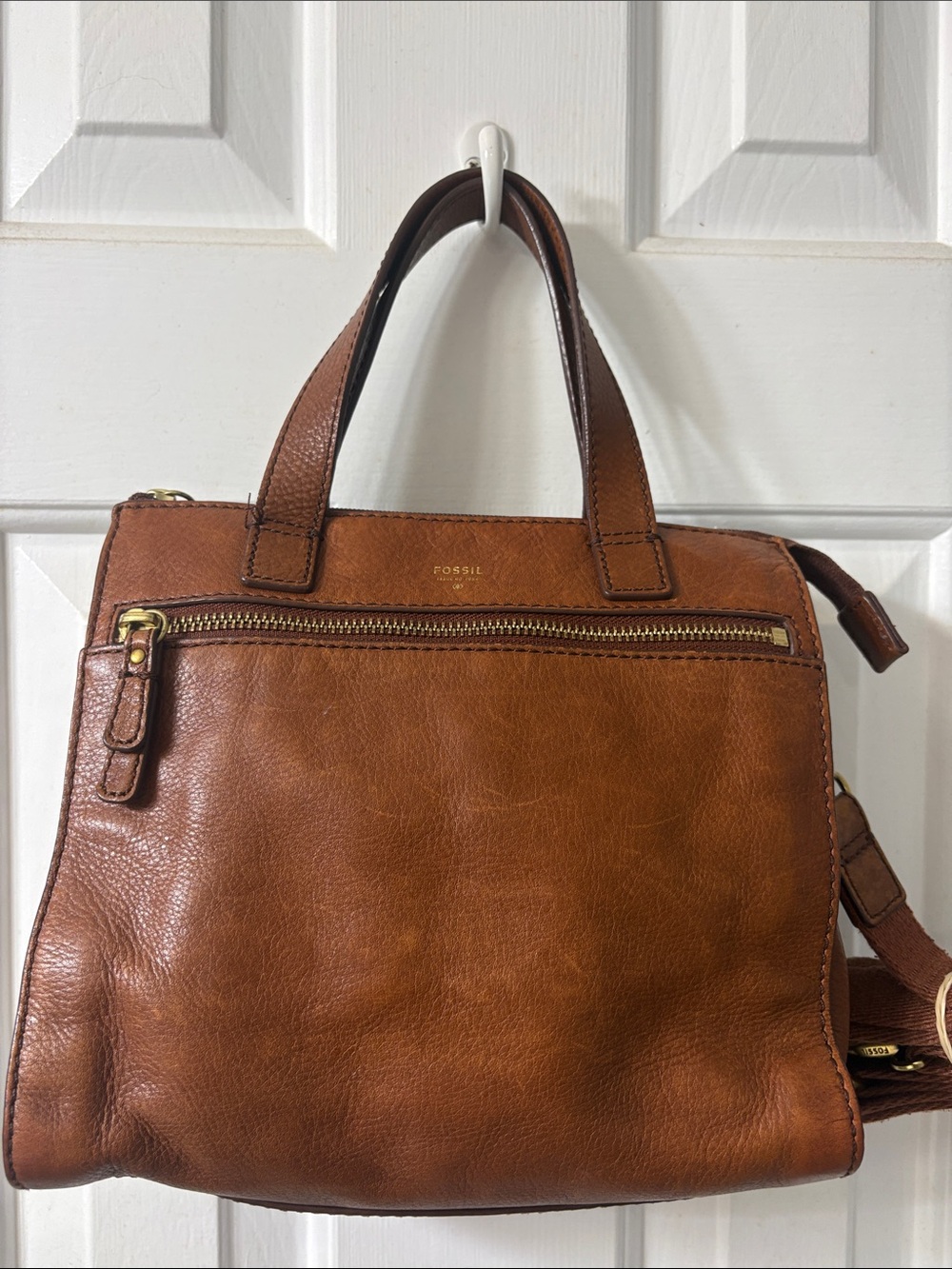 Fossil Cognac Leather Tote with Gold Hardware